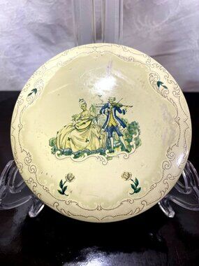 Vintage Tin Round Trinket Box With Victorian Couple Design 5" Diameter